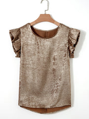 Gold ruffled neck tank top with cap sleeves and a textured finish