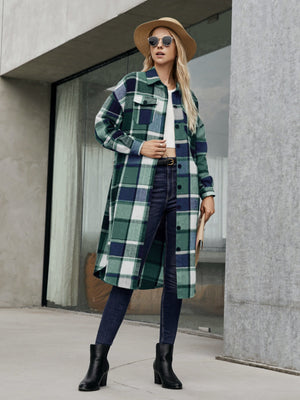 Oversized plaid shirt jacket dress in green, blue, and white with button front and chest pockets.