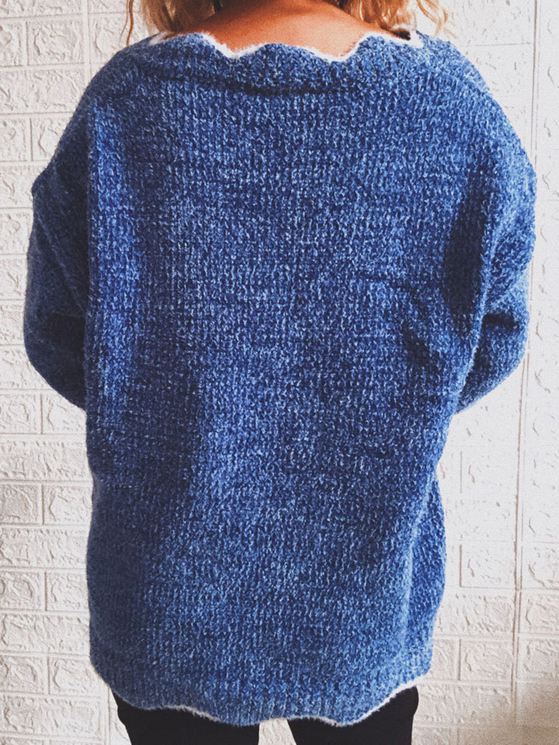 Royal Blue acrylic knit sweater with scalloped V-neck detail