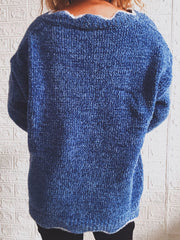 Royal Blue acrylic knit sweater with scalloped V-neck detail