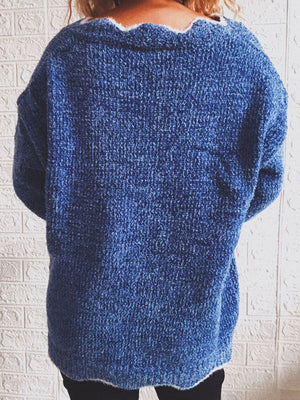 Royal Blue acrylic knit sweater with scalloped V-neck detail