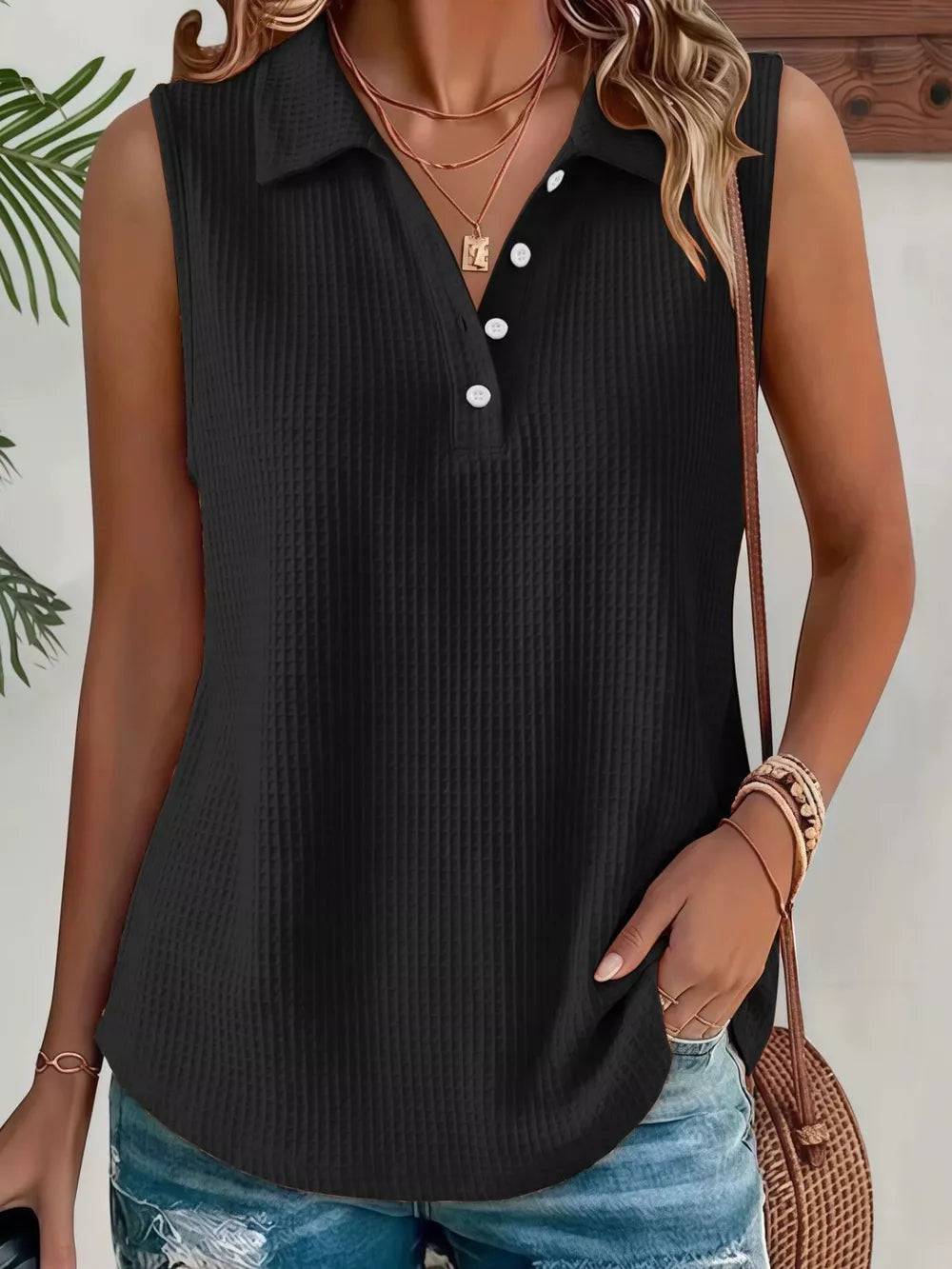 Full Size Waffle Knit Button Detail Sleeveless Top in Black, back view