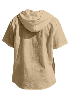 Men's tan short sleeve hooded shirt with textured cotton fabric and a drawstring hood.