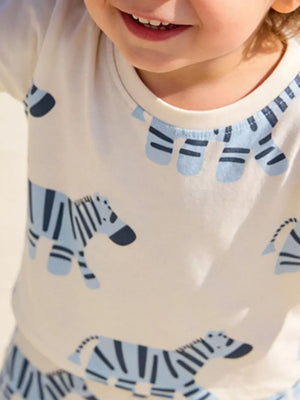 Toddler boys' cotton tee with blue zebra print and crew neck.