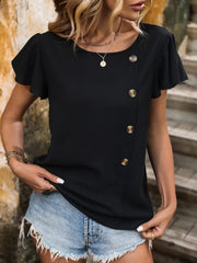 Black asymmetric button-down blouse with flutter sleeves and round neckline