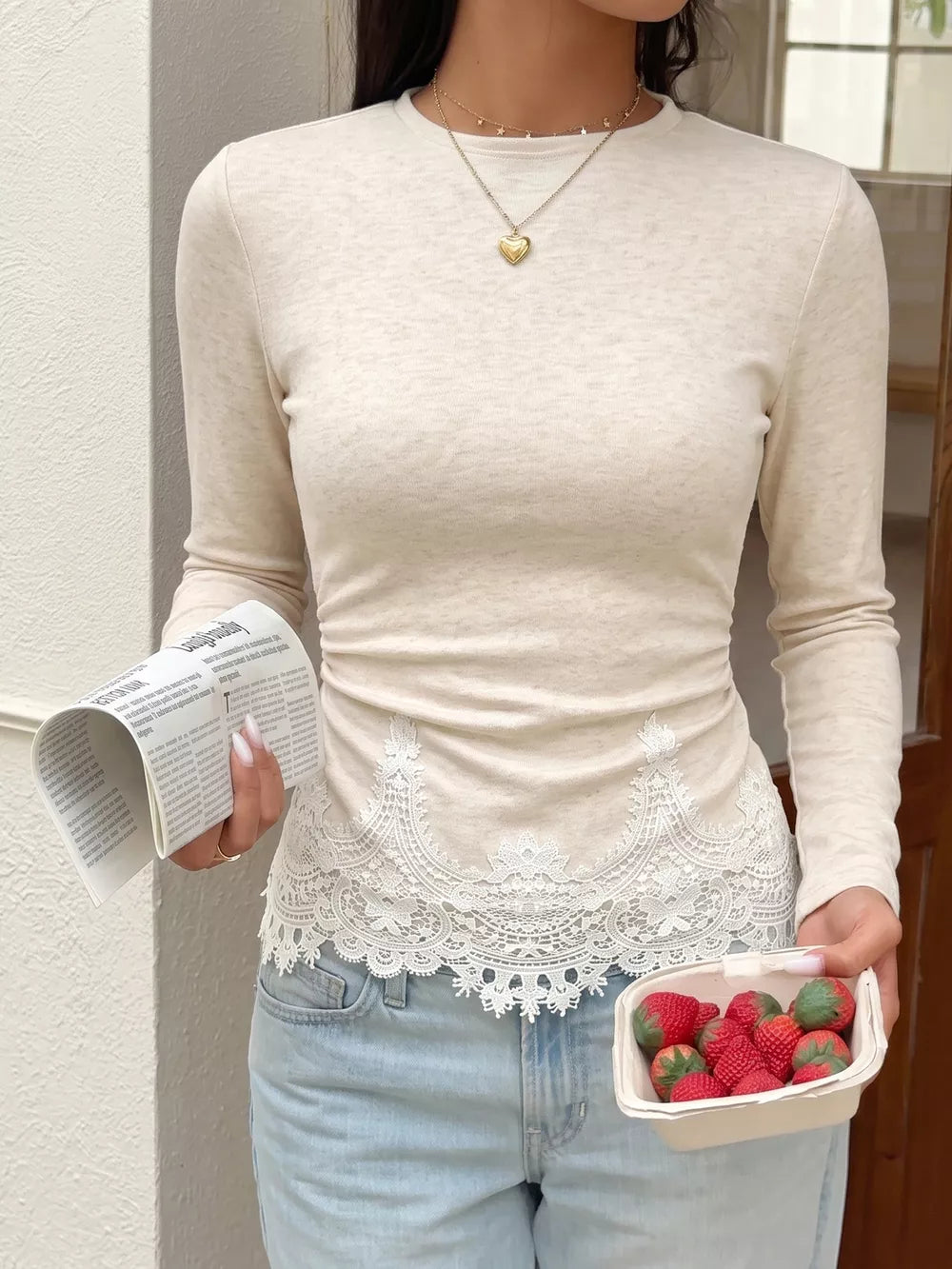 Lace Trim Long Sleeve T-shirt in Eggshell, model styling view