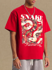 Red oversized tee with snake graphic and "Favorite Day" text.