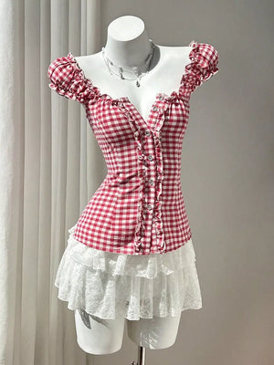 Frill Gingham Cap Sleeve Blouse, side view