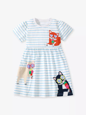 White and blue striped cotton toddler dress with cartoon cats and ice cream appliques.