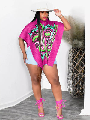 Rose red oversized cape shirt with abstract print, pleated polyester, and mock neck.