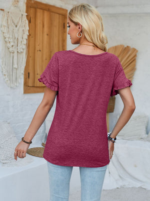 Deep purple t-shirt with flutter sleeves and a scoop neck.