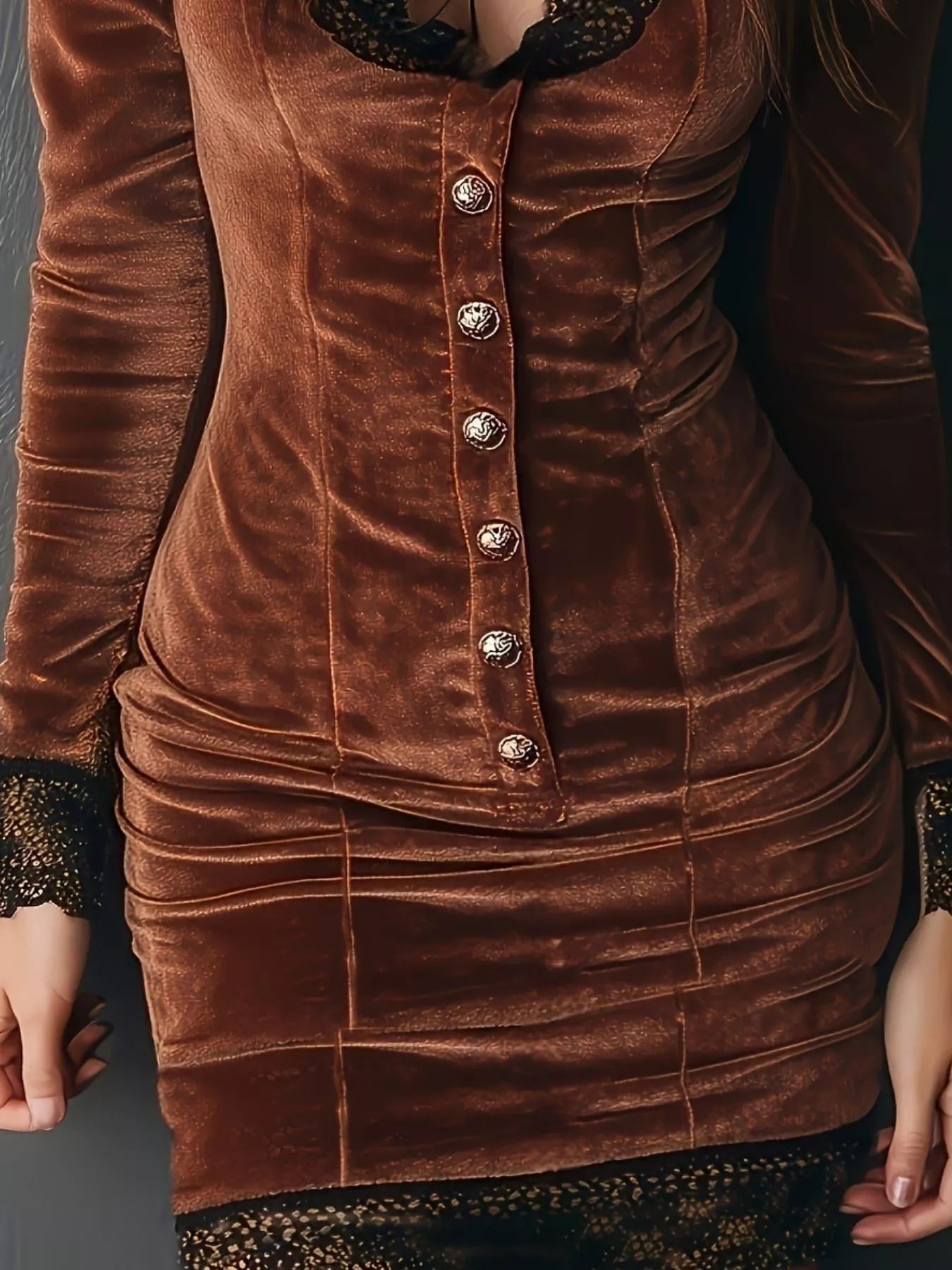 Brown velvet bodycon dress with lace trim, ruched skirt, and ornate buttons.