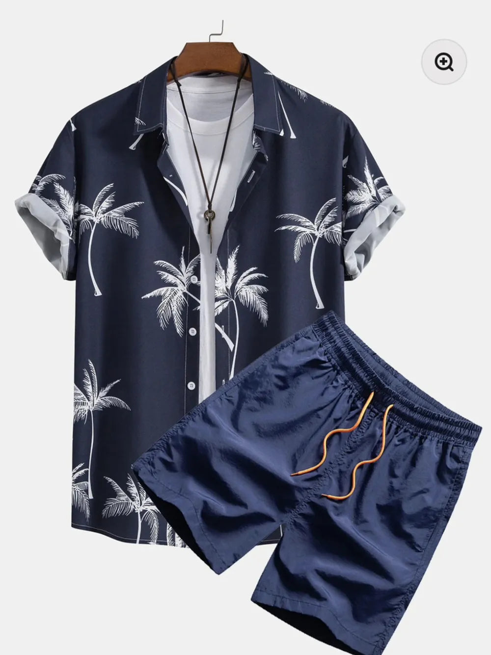 Men's dark navy tropical print button-down shirt and shorts set