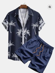 Men's dark navy tropical print button-down shirt and shorts set