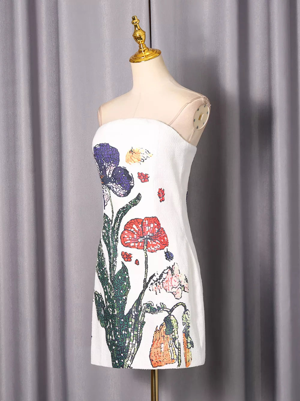Strapless Floral Mini Dress in White, model styling view