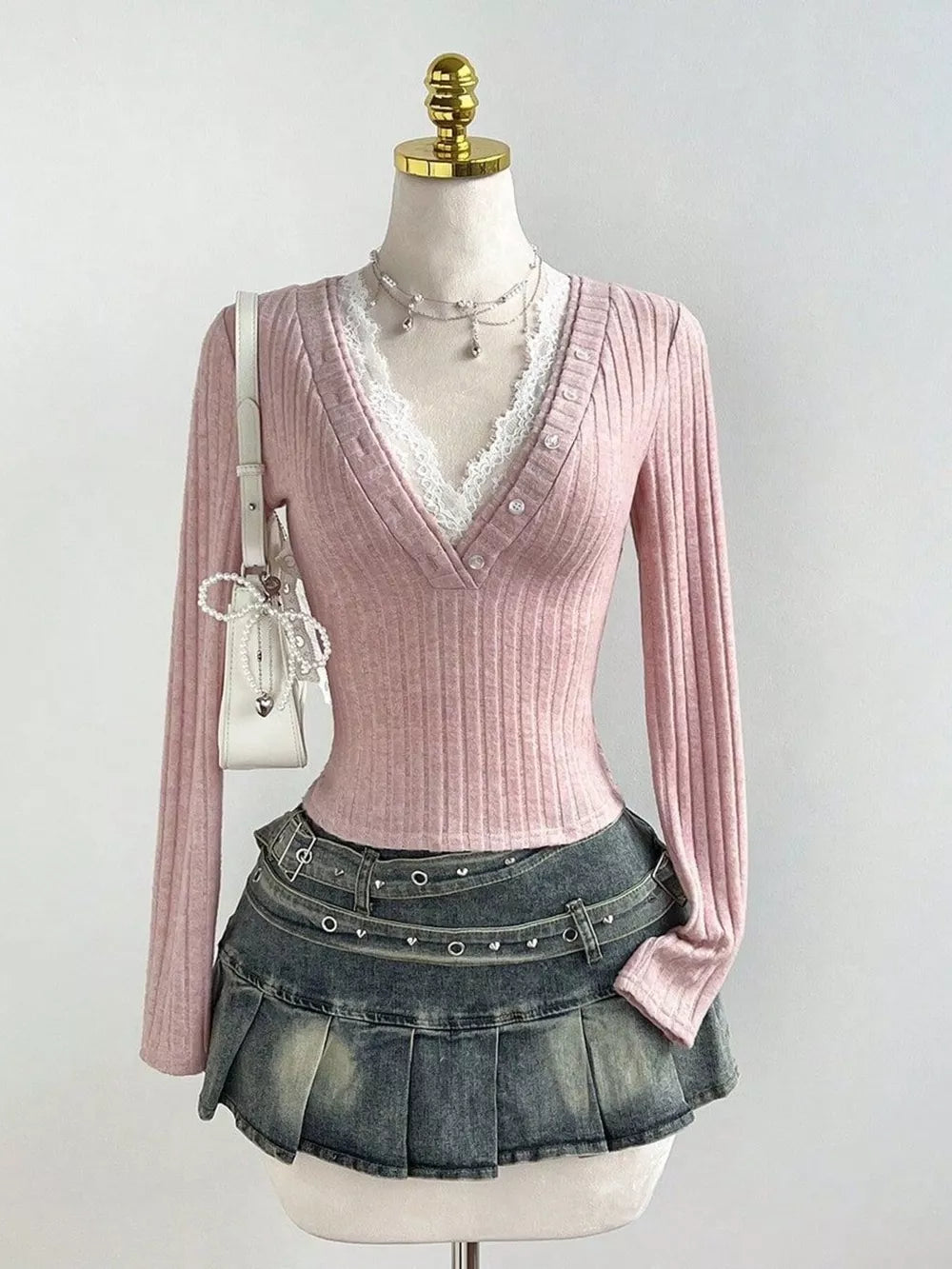 V-neck Lace Trim Ribbed Knit T-shirt, side view