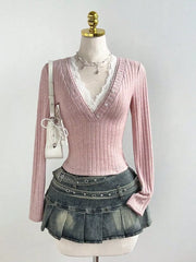V-neck Lace Trim Ribbed Knit T-shirt, side view