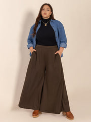 Sculpted flare palazzo trousers in dark brown with vertical seam details and wide legs.