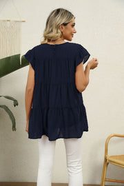 Dark Navy Swiss Dot Flutter Sleeve Blouse with tiered hem