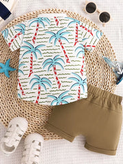 Children's Palm Tree Print T-shirt And Shorts Set in Caramel, back view