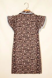 Leopard print cotton mini dress with ruffle sleeves and light blue lace trim.