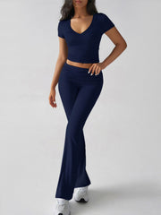 Dark Blue ribbed lounge set with cropped V-neck top and flare leg pants