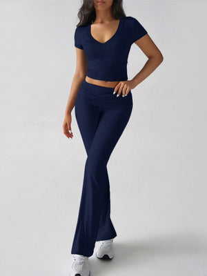 Dark Blue ribbed lounge set with cropped V-neck top and flare leg pants