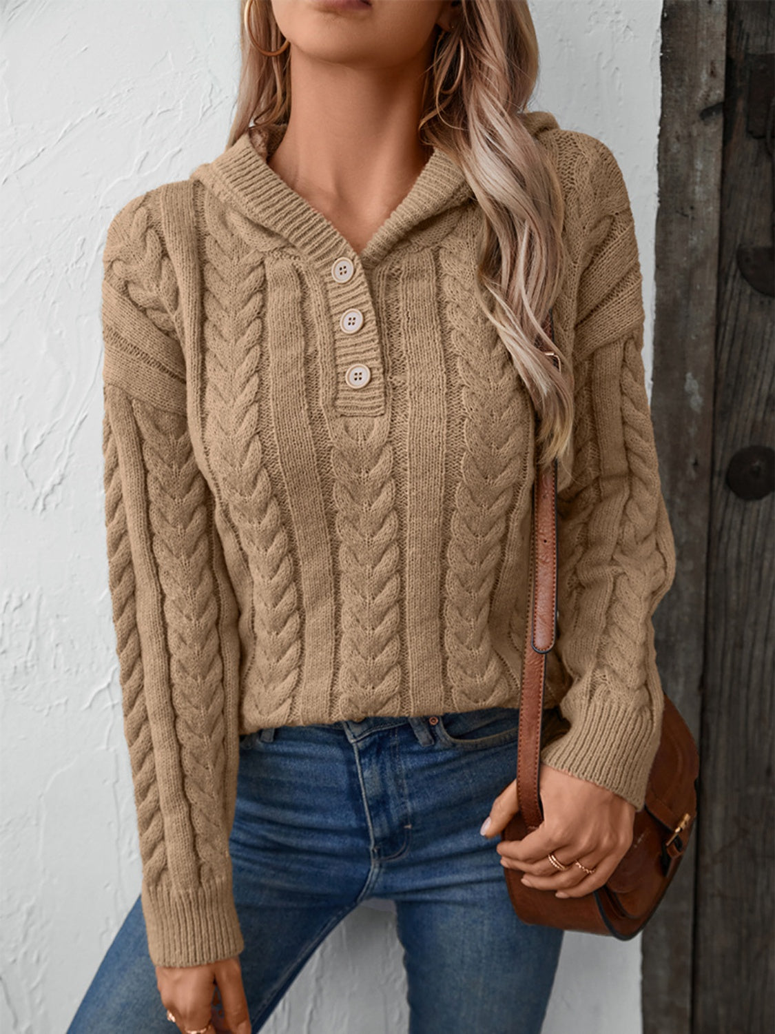 Camel cable knit henley hooded sweater with button detail