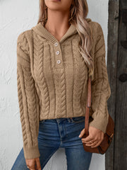 Camel cable knit henley hooded sweater with button detail