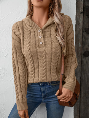 Camel cable knit henley hooded sweater with button detail