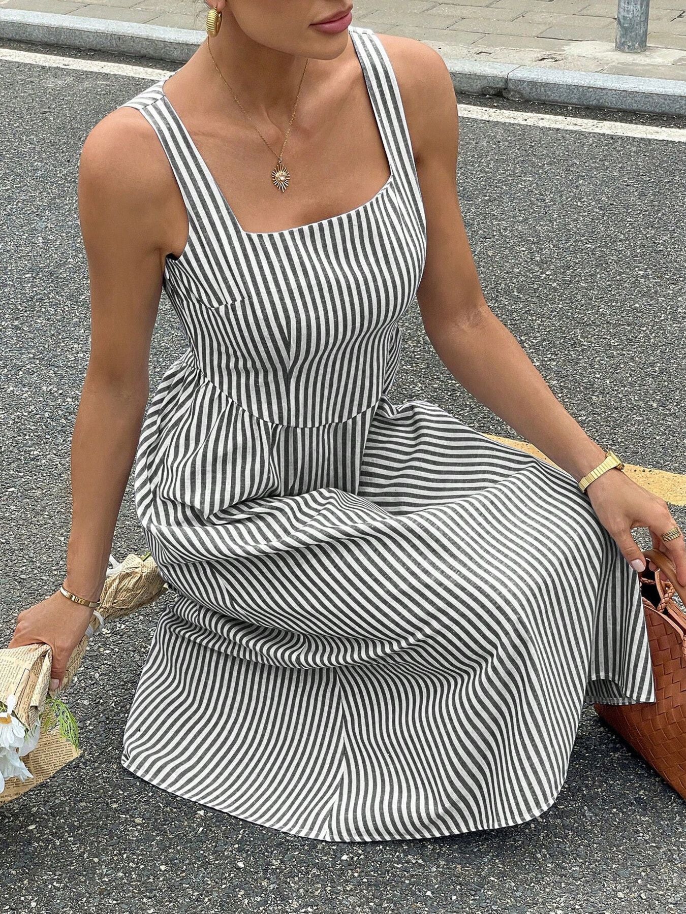 Striped square neck midi dress in black and white cotton blend with a-line cut.