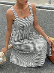 Striped square neck midi dress in black and white cotton blend with a-line cut.