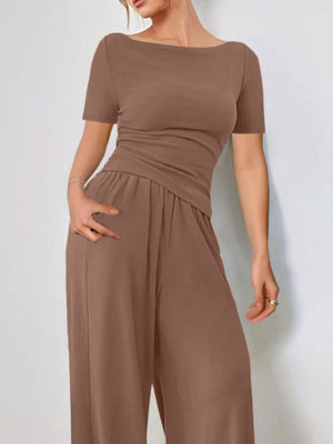 Camel boat neck jersey co-ord set with wide leg pants and ruched waist detail