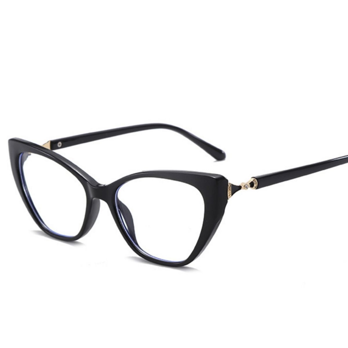 Black cat eye glasses with clear lenses and gold embellishments on the temples.