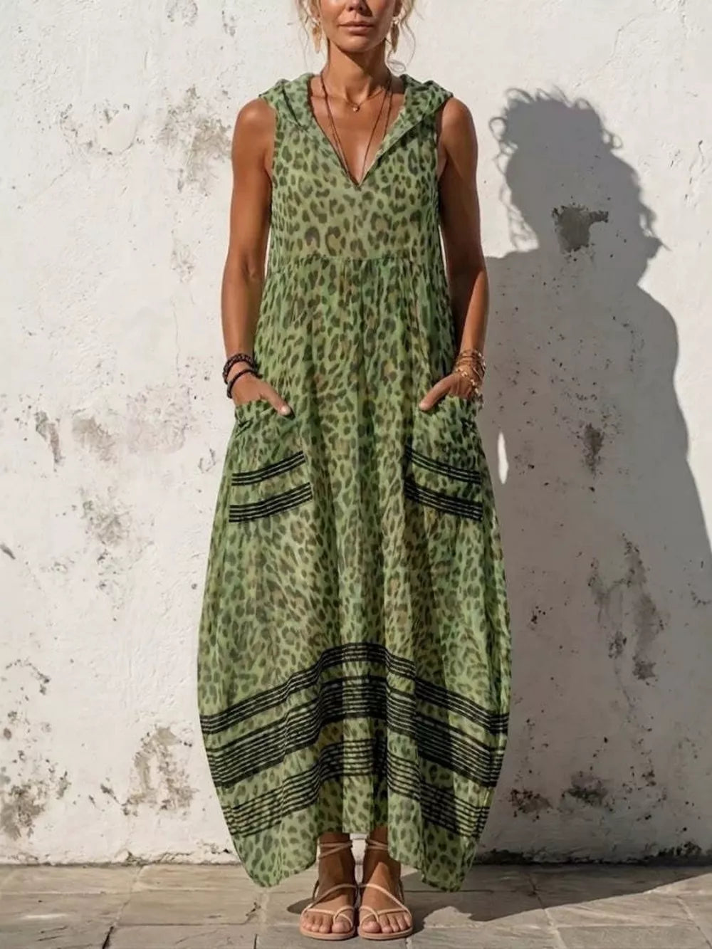 Sleeveless Hooded Leopard Print Maxi Dress in Blue, close-up detail