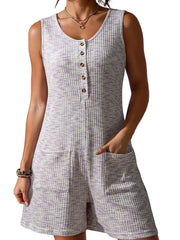 Textured button front romper in lavender with waffle knit, scoop neck, and patch pockets.