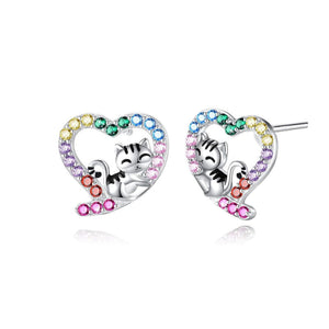Sterling heart cat stud earrings with colorful gems