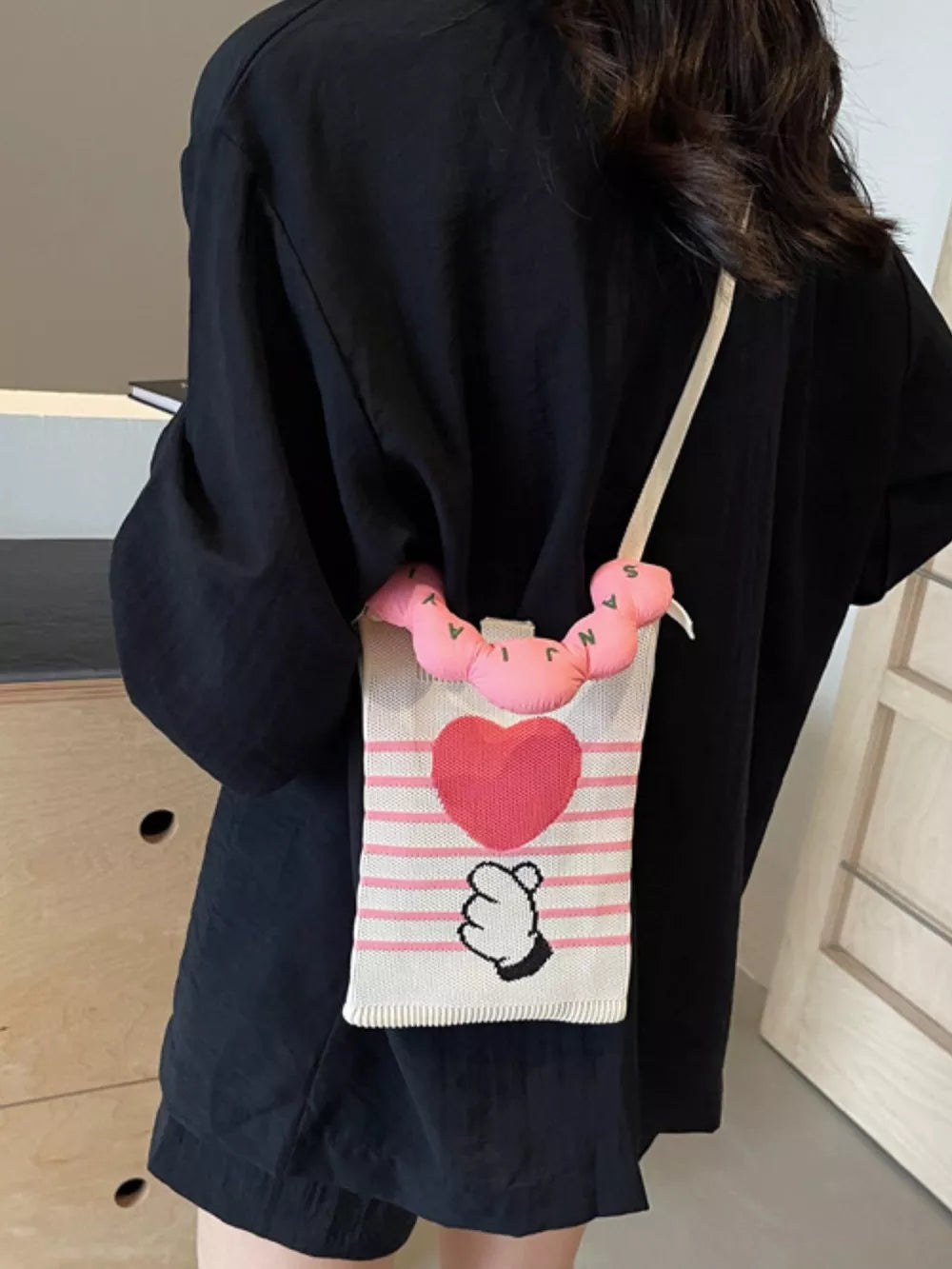 Heart And Hand Knitted Crossbody Bag, side view