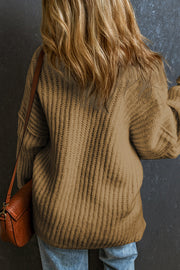 Camel chunky ribbed knit sweater with wide neckline, acrylic material.