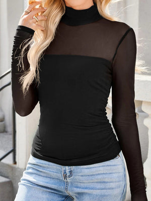 Black sheer mesh high neck maternity shirt with ruched sides