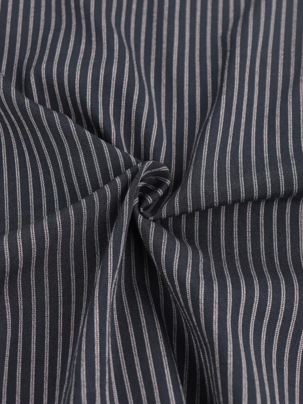 Chic striped sleeveless top and wide-leg pants set fabric detail in blue with thin white pinstripes.