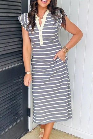 Navy stripe ruffled midi dress with pockets and buttoned v-neck.