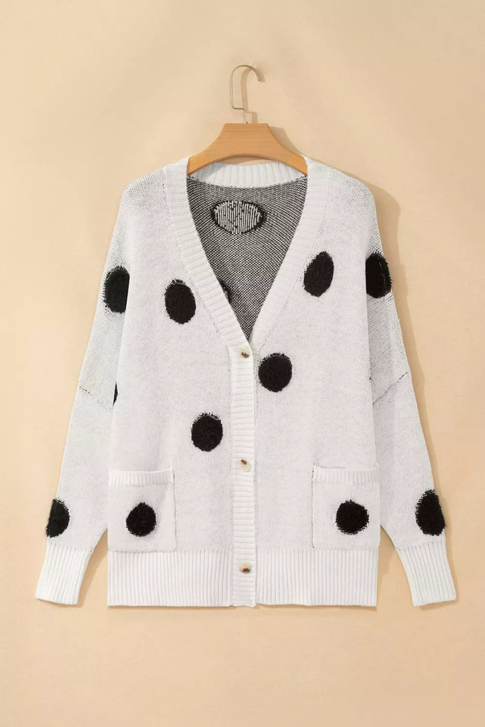 Polka Dot Button Up Cardigan in White, editorial view