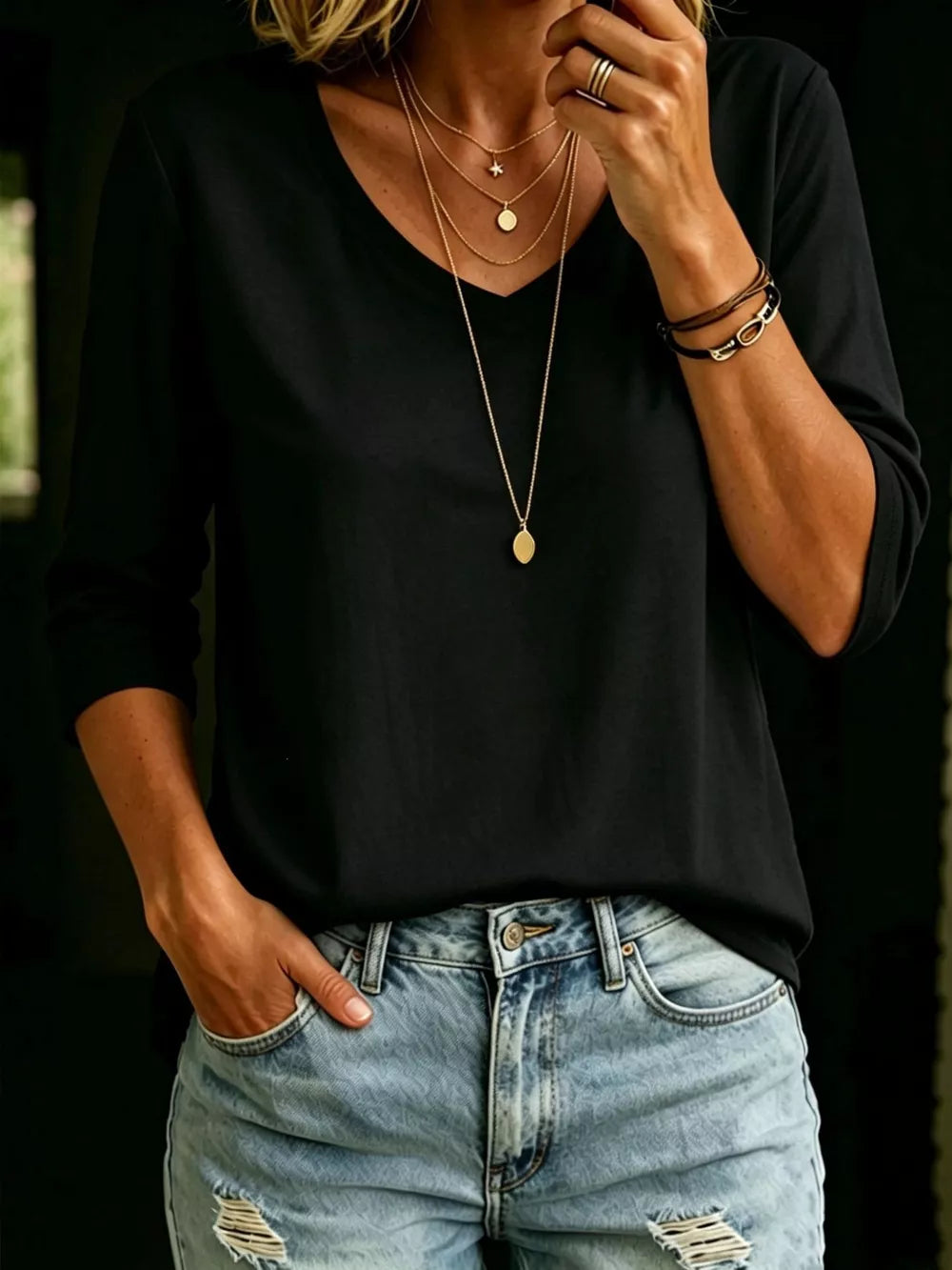 Full Size V-neck 3/4 Sleeve T-shirt Plus Size, close-up detail