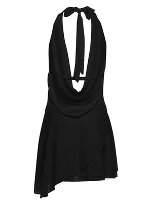 Black backless mini dress with halter tie and ruffled asymmetrical hem