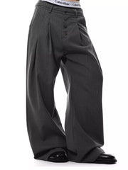 Charcoal pinstripe wide-leg maternity trousers with button front and pleats.