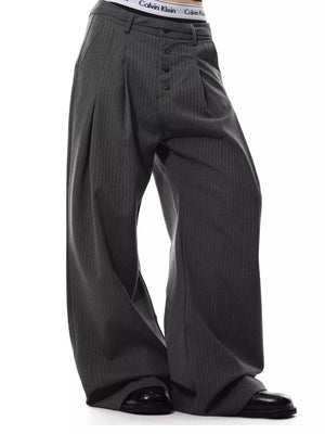 Charcoal pinstripe wide-leg maternity trousers with button front and pleats.