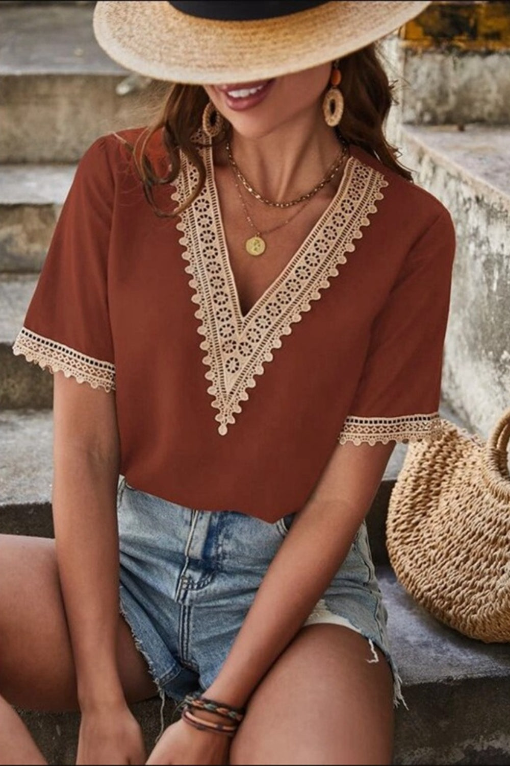Brown V-neck lace trim blouse with short sleeves
