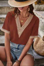 Brown V-neck lace trim blouse with short sleeves
