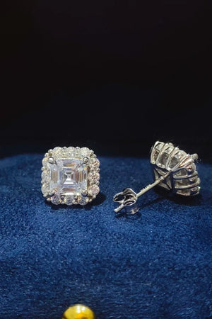 Silver asscher cut halo stud earrings with clear cubic zirconia on 925 sterling silver.